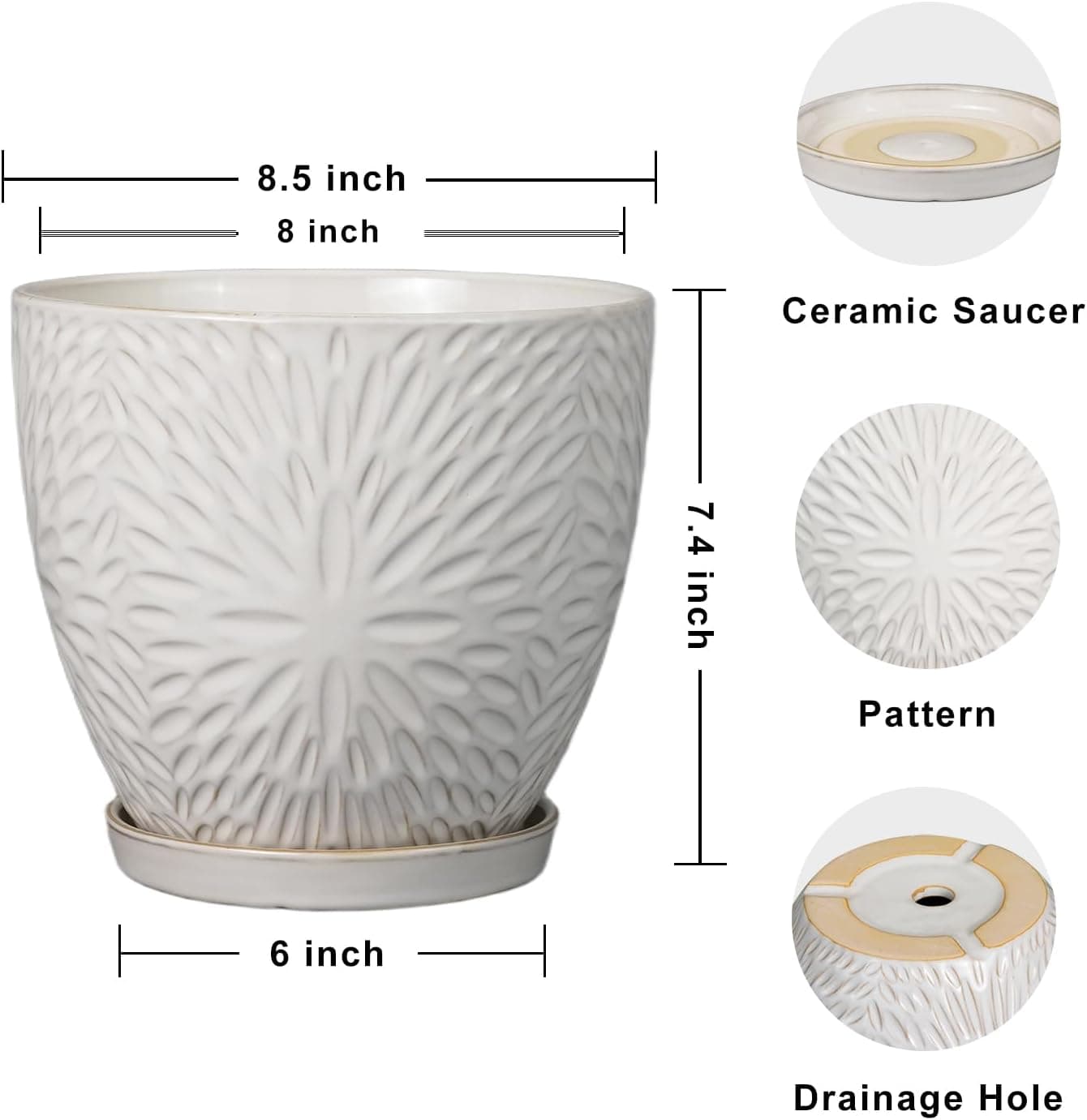 G EPGardening Vaso de 20 cm para plantas internas e externas, vaso redondo de cerâmica com orifício de drenagem e pires, vaso de flores grande moderno branco - Imagem 4