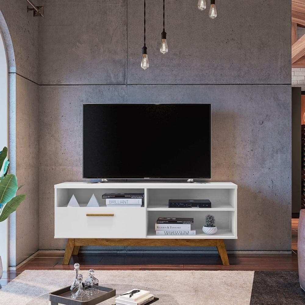 Rack para Tv até 55 Polegadas Pés Madeira Retrô Paládio Móveis Bechara Branco - Imagem 3