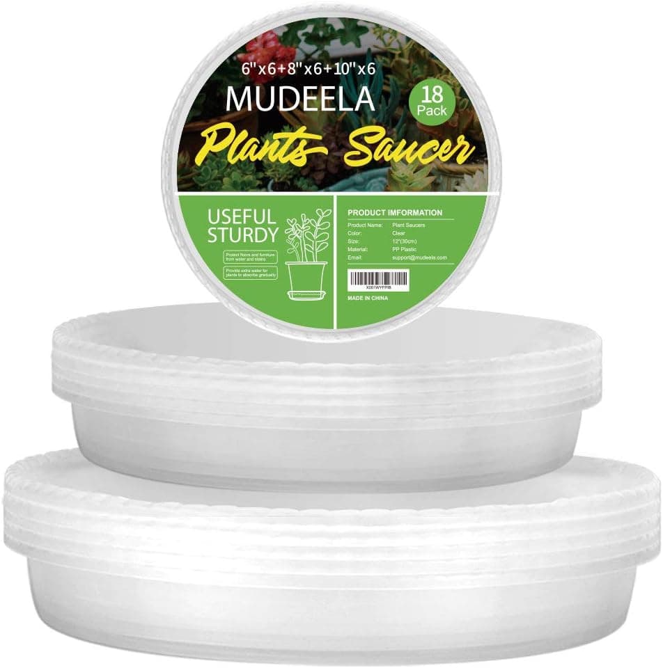 Pacote com 18 pires de plantas de 15,2 cm e 20,3 cm e 25,4 cm, bandejas de plantas duráveis para ambientes internos e externos, pires de vaso de flores de plástico transparente, feito de plástico mais