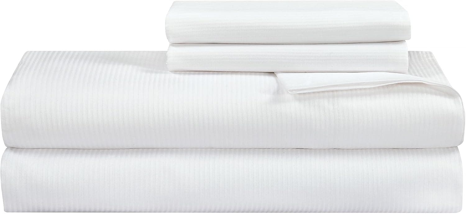 ROYALE LINENS Jogo de lençol listrado 300 fios algodão penteado de fibra longa 4 peças king: 1 com elástico, 1 liso, 2 fronhas – macio, frescos e com toque firme, king (listras finas, branco)