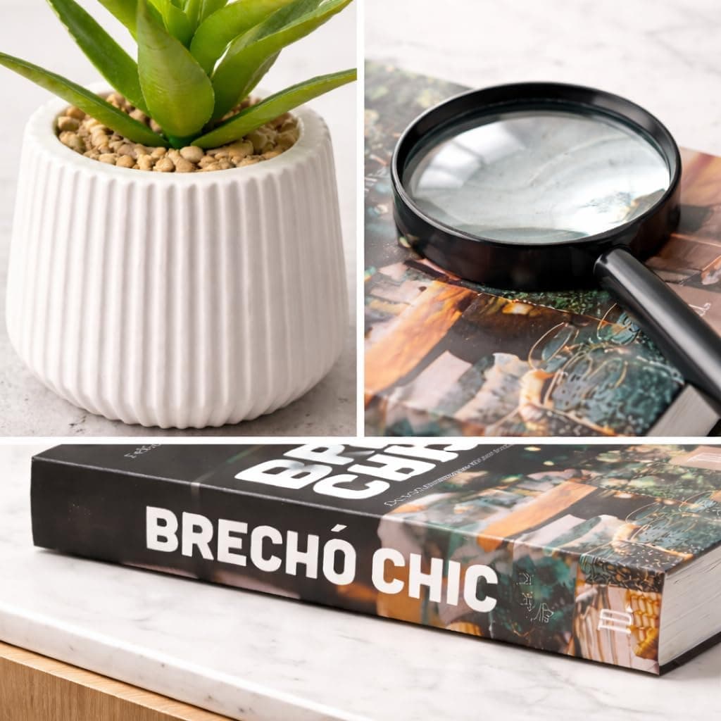 Kit Decorativo com Caixa Livro, Lupa e Vaso com Arranjo de Eucalipto – Decoração Moderna para Sala, Escritório ou Aparador – Estilo Sofisticado e Versátil - Imagem 3