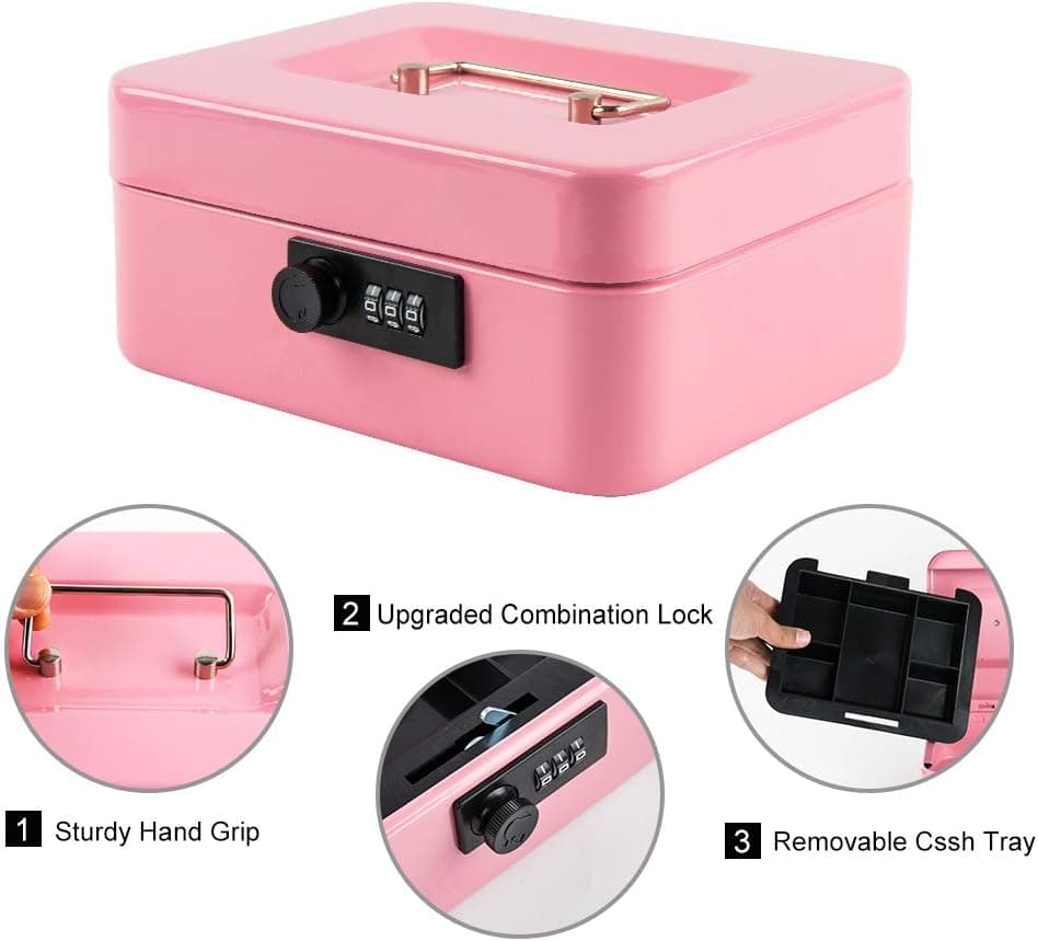 KYODOLED Caixa média para dinheiro com trava de combinação segura de metal com bandeja para dinheiro para caixa de segurança 19 x 16 x 9 cm, rosa médio - Imagem 4