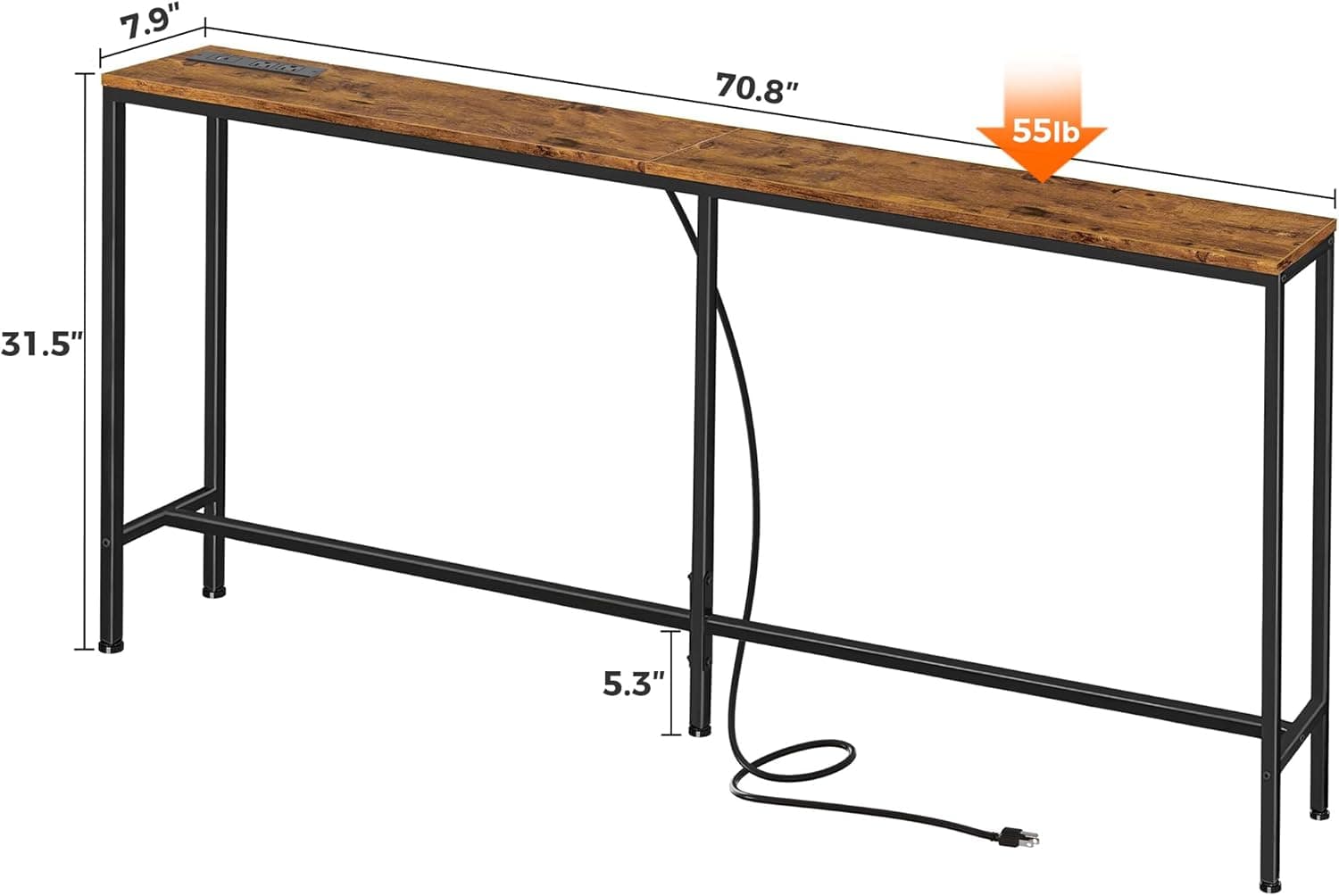 SUPERJARE Mesa de console de 178 cm com tomada, mesa de sofá com estação de carregamento, mesa de entrada estreita, mesa de corredor skinny, para sala de estar, marrom rústico - Imagem 4
