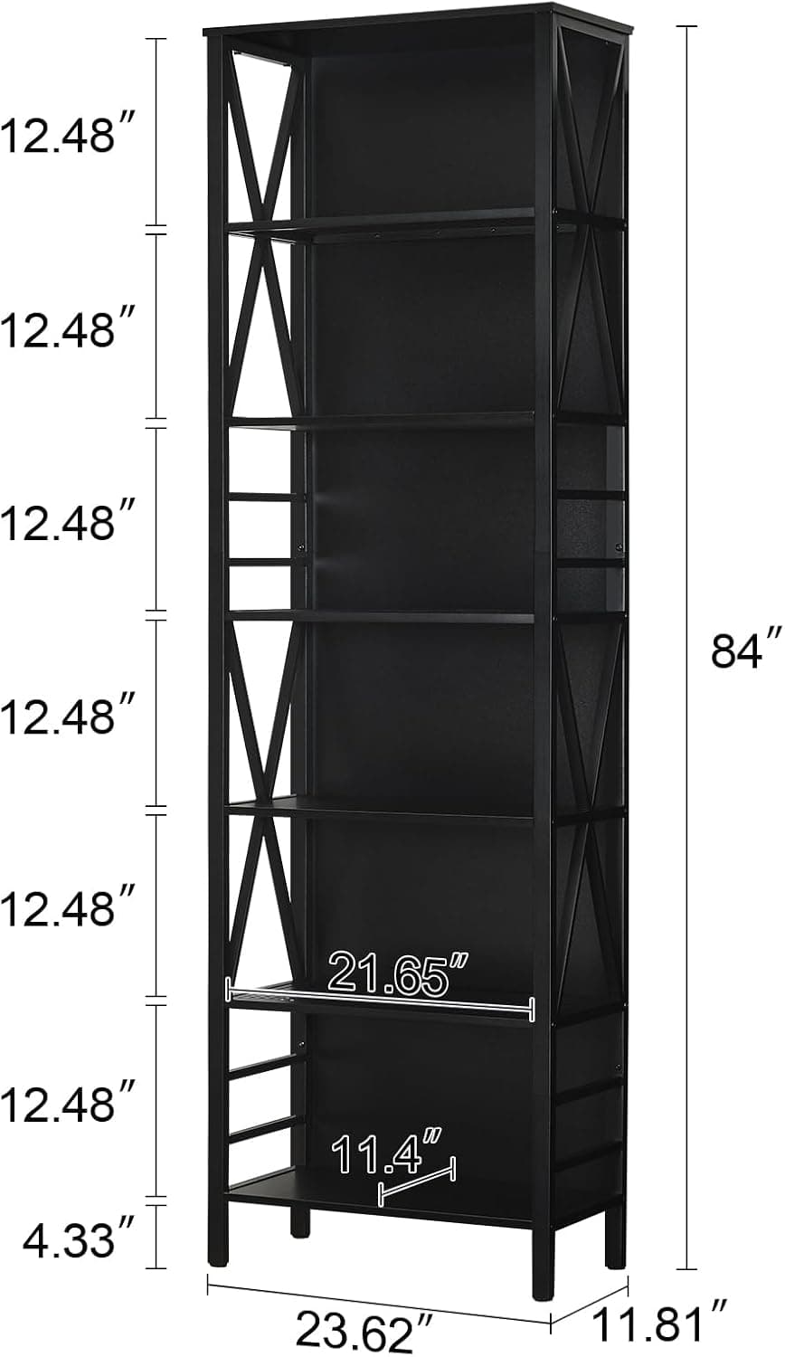 HOMISSUE Estante de livros de 7 andares, estantes e estantes de metal de madeira rústica, estante aberta independente, estante alta industrial para escritório em casa, sala de estar e quarto, preta - Imagem 3