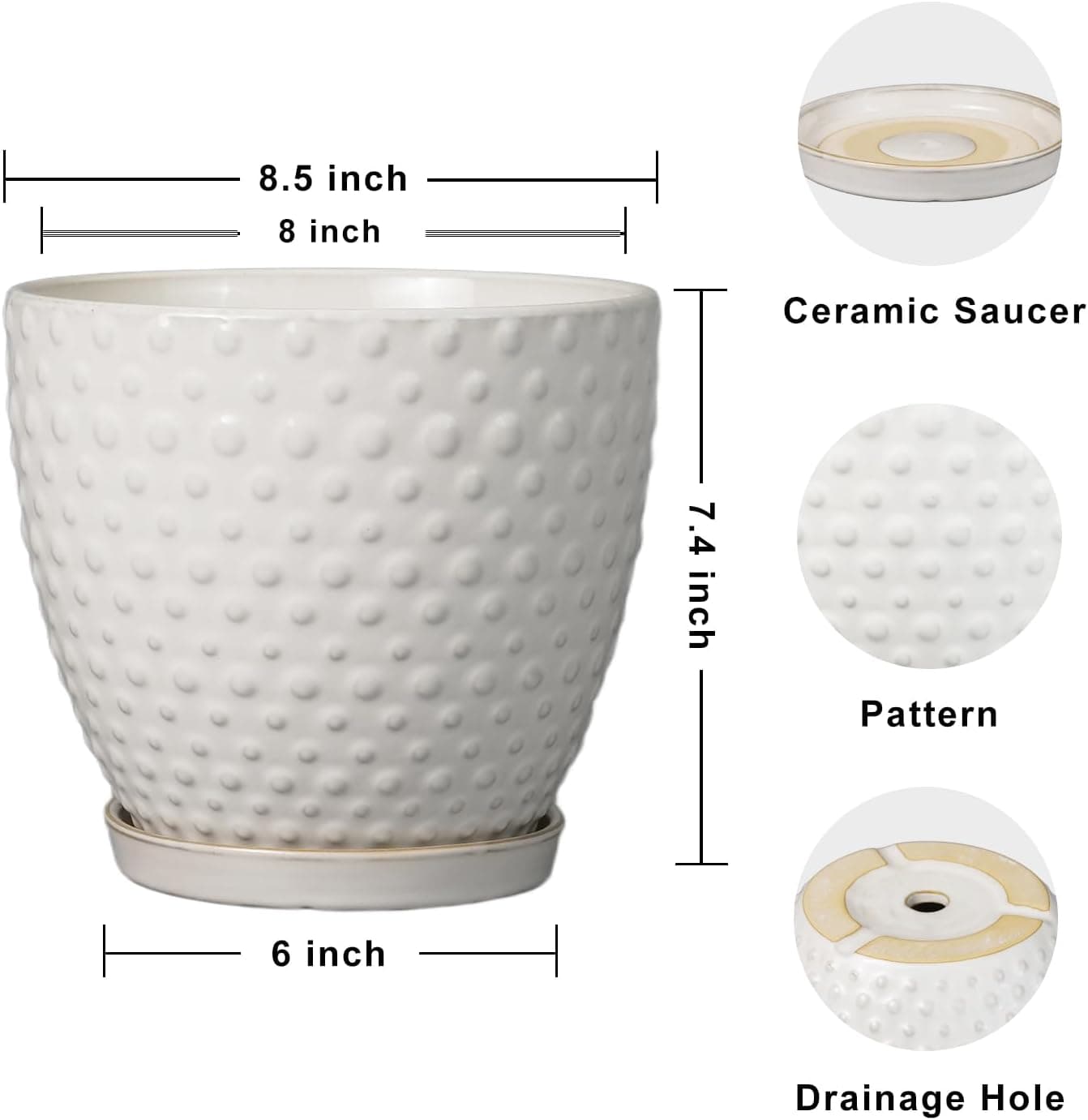 G EPGardening Vaso de 20 cm para plantas internas e externas, vaso redondo de cerâmica com orifício de drenagem e pires, vaso de flores grande moderno branco - Imagem 4