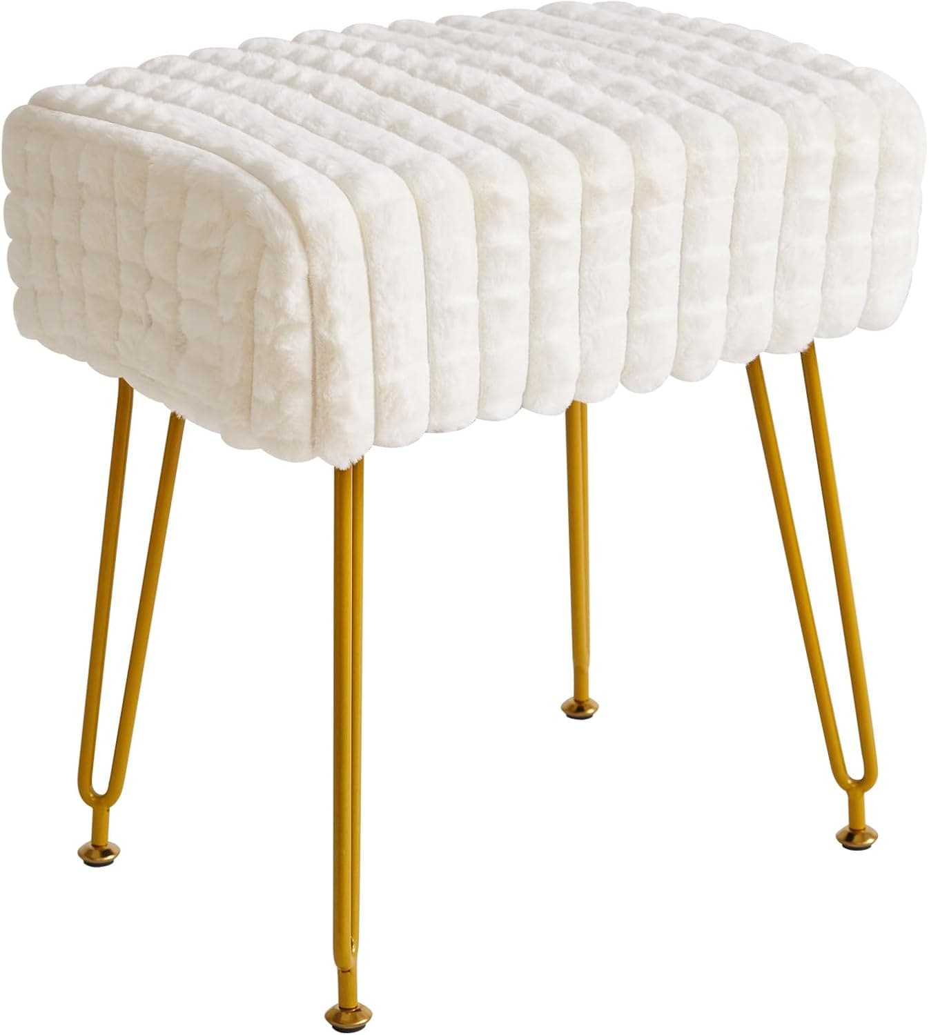 IBUYKE Banqueta retangular para apoio para os pés, mesa lateral para maquiagem, assento de penteadeira de veludo, banquinho de sofá de pufe, pernas de aço dourado, padrão de grade quadrada, branco