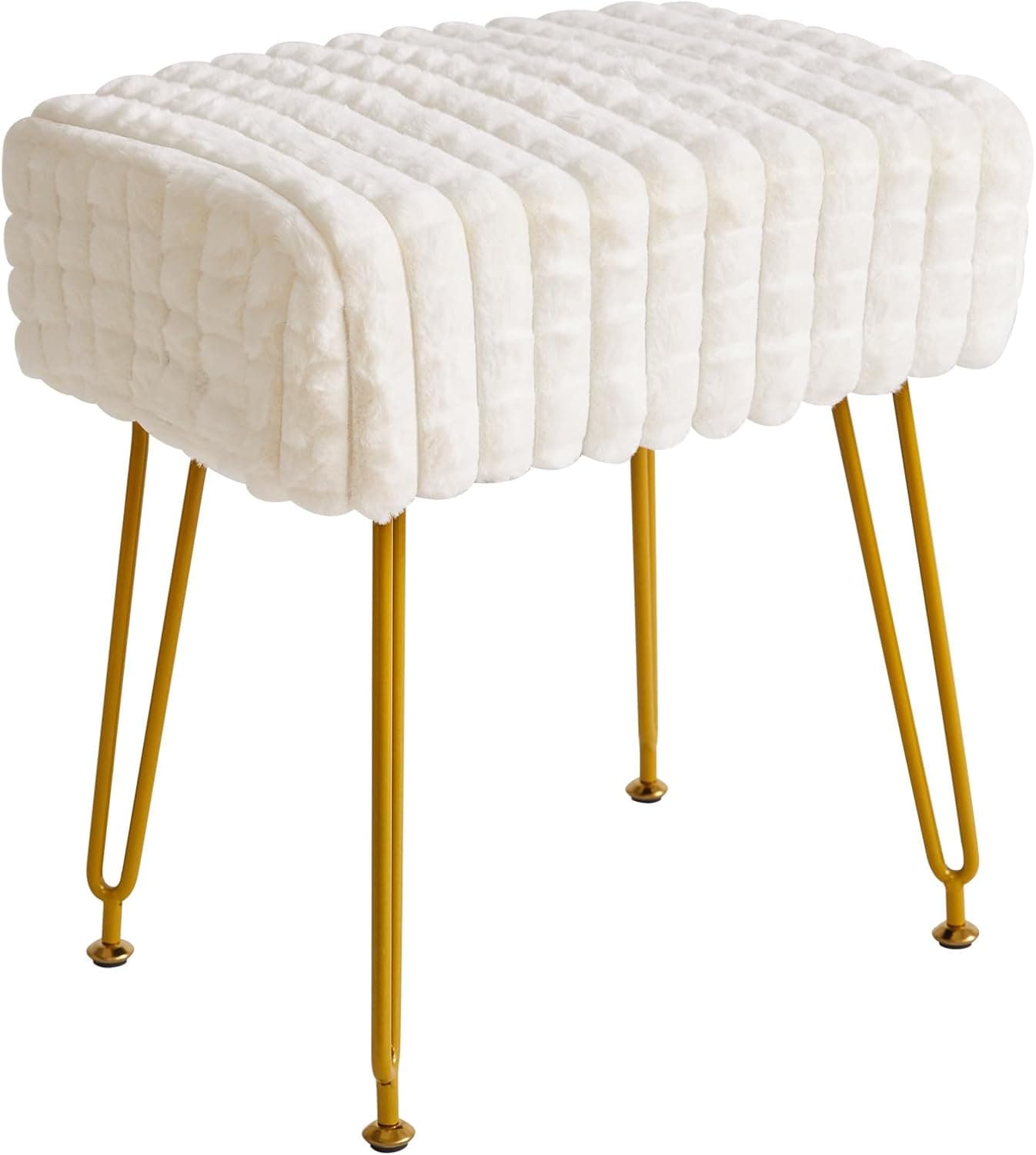 IBUYKE Banqueta retangular para apoio para os pés, mesa lateral para maquiagem, assento de penteadeira de veludo, banquinho de sofá de pufe, pernas de aço dourado, padrão de grade quadrada, branco