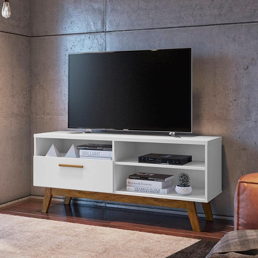 Rack para Tv até 55 Polegadas Pés Madeira Retrô Paládio Móveis Bechara Branco