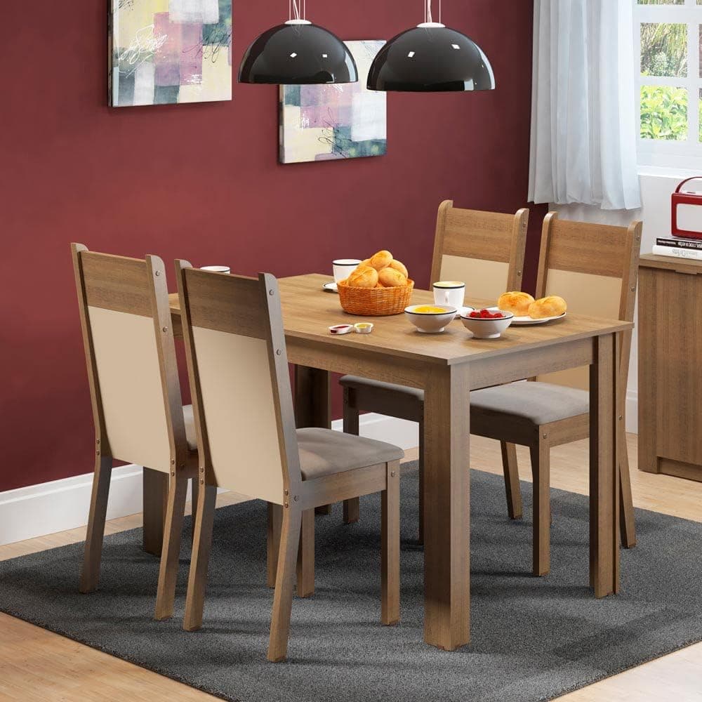 Conjunto Sala de Jantar Mesa Tampo de Madeira com 4 Cadeiras Rustic/Crema/Sintético Bege Havana Madesa