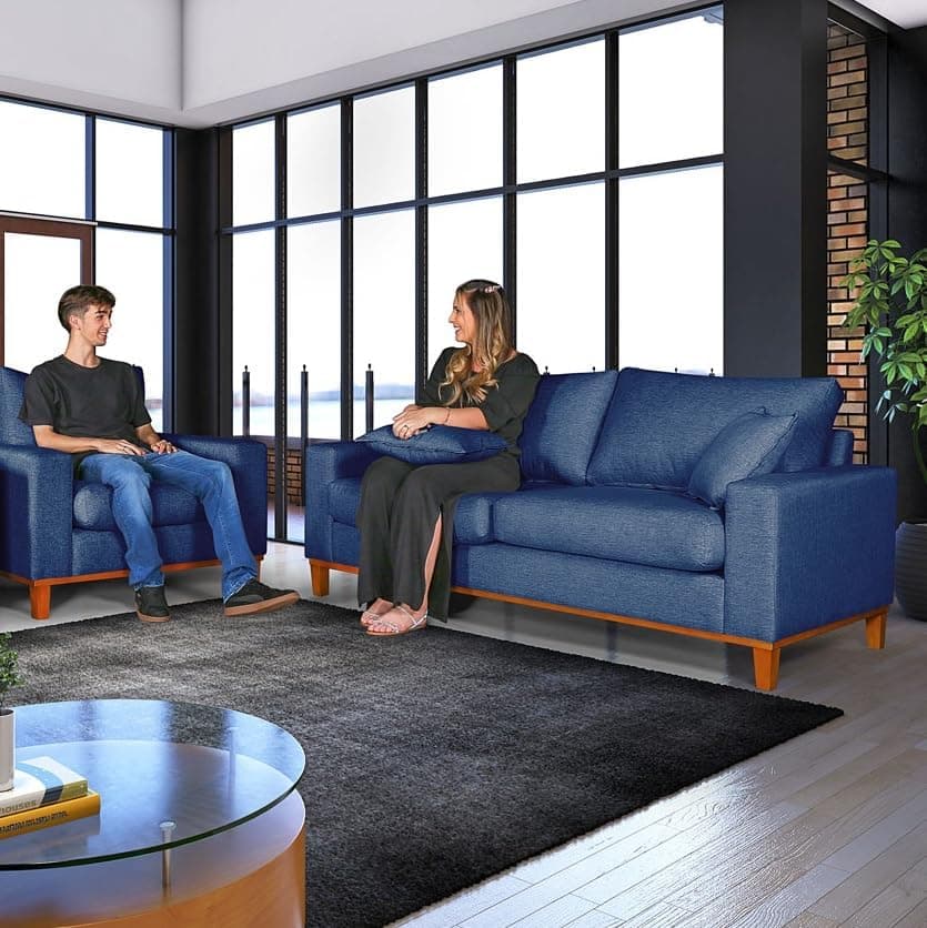 Conjunto de Sofá Living 3 lugares Duas Poltronas Essencial Estofados (Azul, 4 Lugares) - Imagem 3