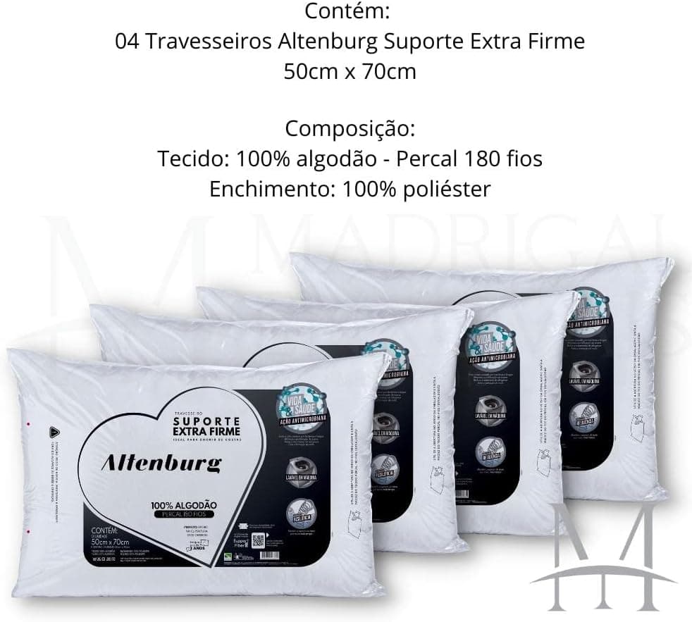 Kit 04 Travesseiros Altenburg Suporte Extra Firme 0,50x0,70m 180 Fios - Imagem 4