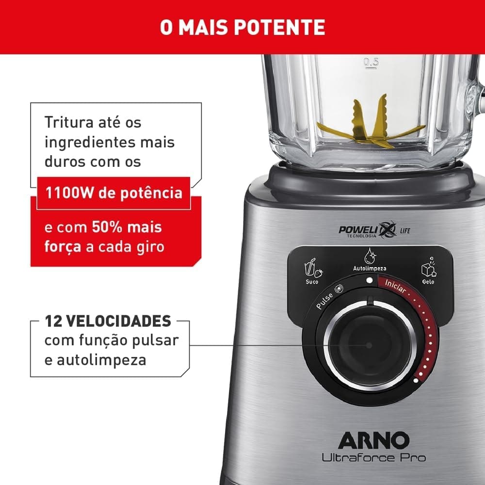 Liquidificador Arno Ultraforce Pro 1100W LN93, com App de Receitas, 6 Lâminas Powelix Life, Jarra de Vidro 2L, Resistente a Choque Térmico e Corpo Inox, Tecnologia Limpa Fácil, 110V - Imagem 4