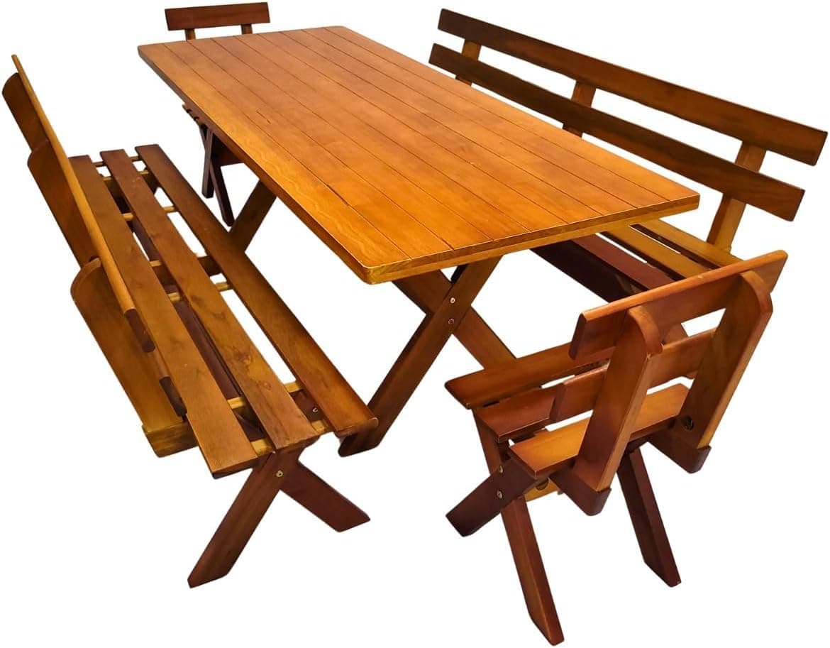 Conjunto Mesa Madeira Rústica Para Churrasco - Mesa + 4 Bancos Mel