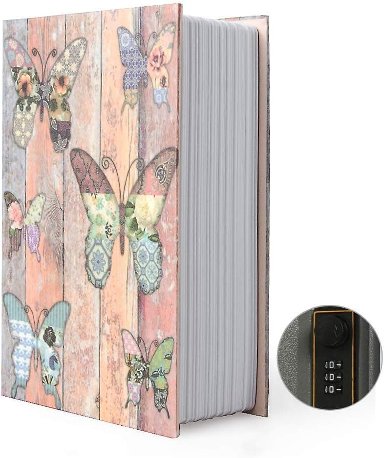 Caixa de armazenamento segura de livro de desvio de tamanho pequeno, lata de cofre secreto de dicionário com trava de combinação de segurança, cofre oculto para livro de desvio (combinação, borboleta)