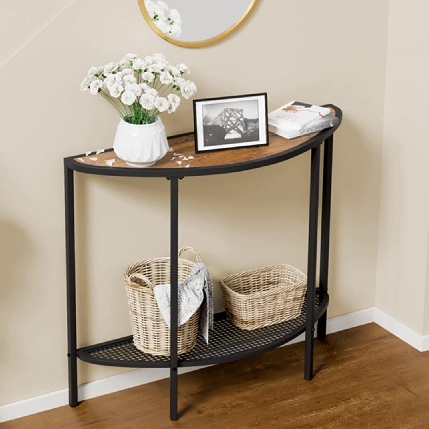 SAYGOER Mesa de entrada de 2 níveis pequena mesa de console com armazenamento meia lua sofá sofá mesa moderna de entrada estreita meados do século, 92 cm P x 30 cm L x 80 cm A, fácil montagem - Imagem 3