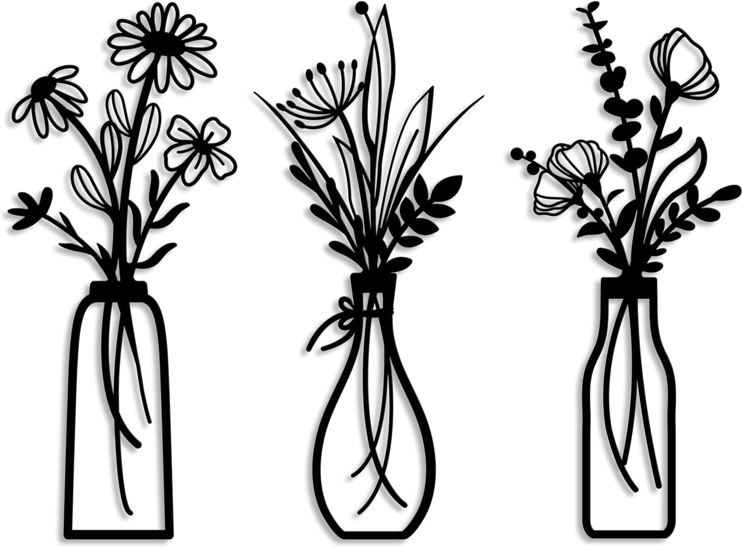 3 peças de arte de parede de flores de vaso de metal - decoração rústica estilo casa de fazenda boho arte de parede de metal preto minimalista silhueta de flor decoração de parede tema natural para