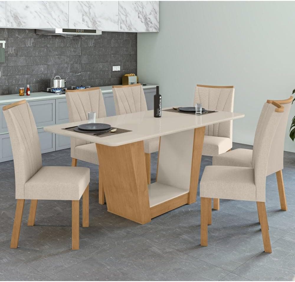 Conjunto Sala de Jantar Mesa com Tampo de Vidro 170cm e 6 Cadeiras Apogeu Móveis Lopas Rovere Naturale/off White/linho Rinzai Bege