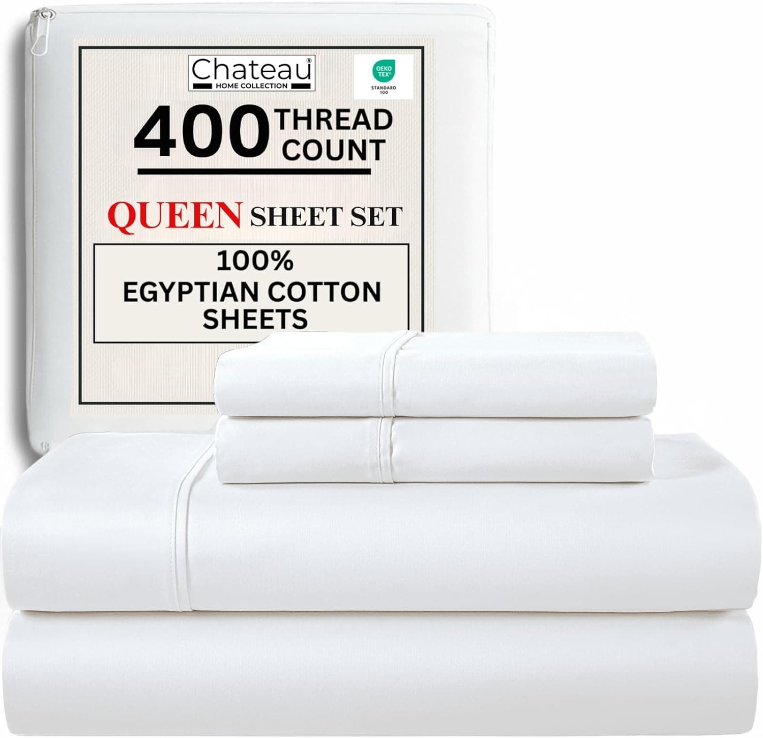 Jogo de cama queen size 100% algodão egípcio, jogo de cama queen com bolso profundo, 400 fios, naturalmente fresco, macio, respirável, sem comprimidos, elástico, luxuoso, branco, para todas as