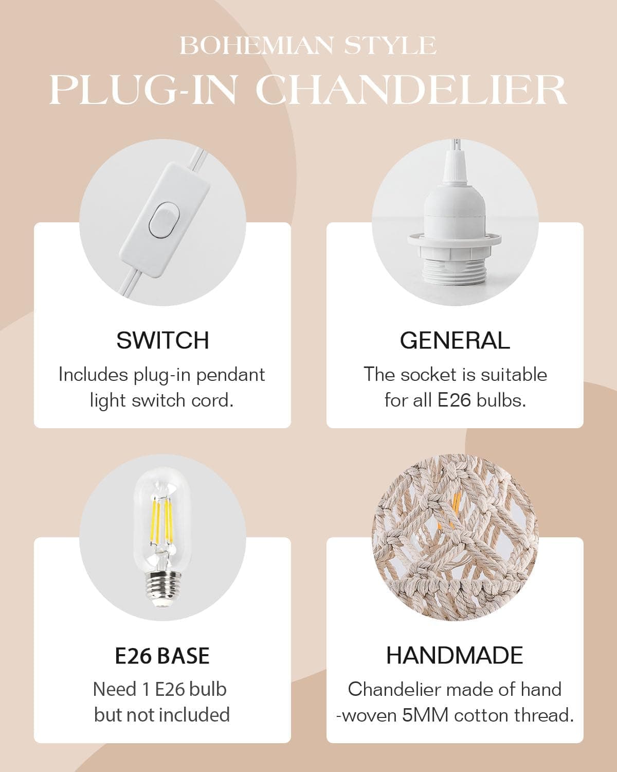 Boho Plug in Pendant Light Abajur de macramê com lâmpada pendurada com cabo de plugue, interruptor liga/desliga, luminárias de suspensão boêmias que se conectam à tomada de parede para decoração de - Imagem 4
