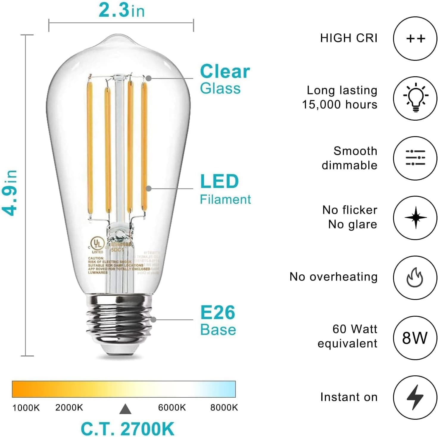 Lâmpadas WIAONE TJOY Edison, Equivalentes a 60W, Lâmpadas LED Vintage Reguláveis, Base Média E26, Branco Quente 2700K, ST58, 8W, 800LM, 80+ CRI, Lâmpada LED de Filamento Decorativo Antigo, Vidro - Imagem 3