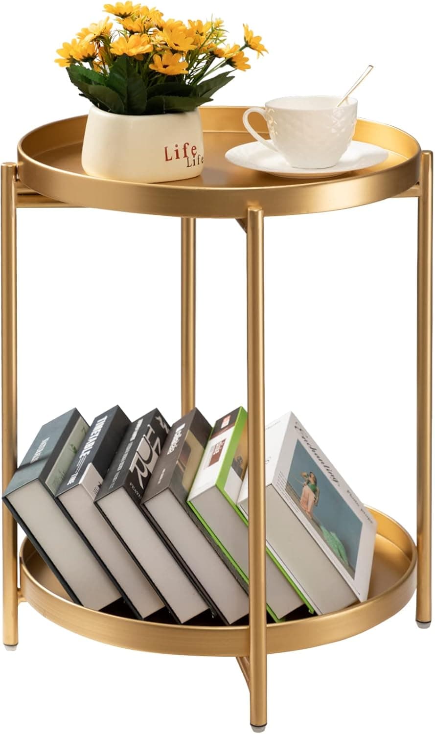 TeoKJ Mesa lateral redonda de 2 níveis, mesa de cabeceira pequena dobrável de metal com duas bandejas removíveis para quarto, sala de estar, cabeceira, espaços pequenos, dourado