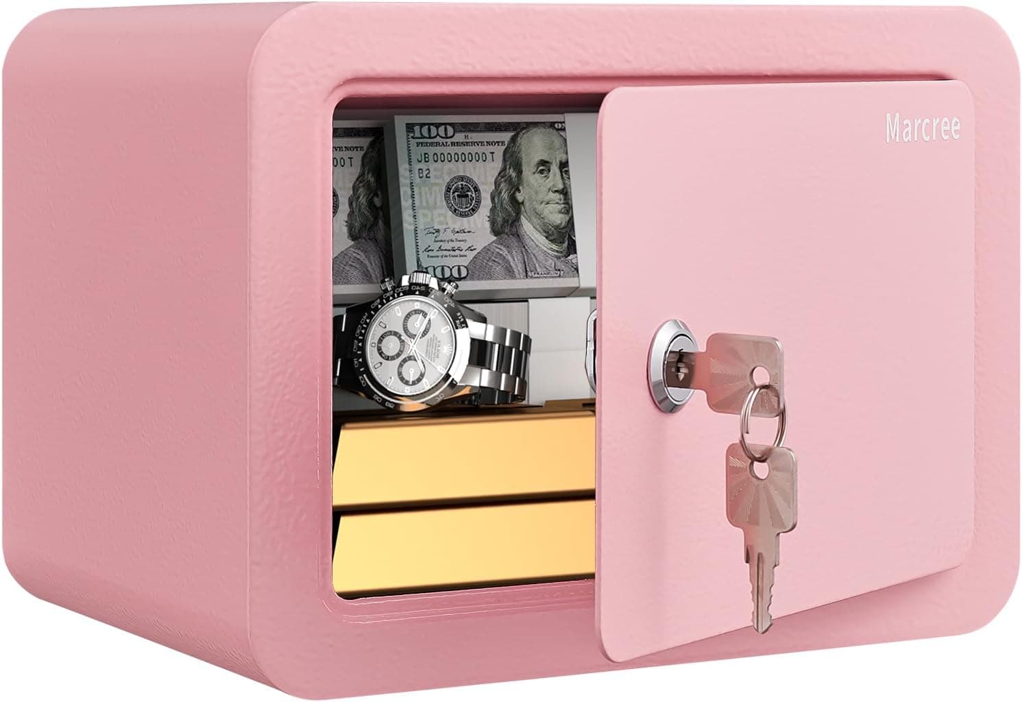 Marcree SAFE0.23 Cofre pequeno cúbico para casa, mini cofre para crianças, cofre rosa com chave, cofre de armário de segurança com dobra de ponta, cofre com chaves para dinheiro, 16,69 x 23 x 16,69