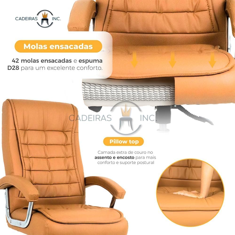 Cadeira De Escritório Presidente Ergonômica Com 42 Molas Ensacadas, Pillow Top no Assento e Encosto, Giratória com Regulagem, Monique Big Caramelo - Imagem 4