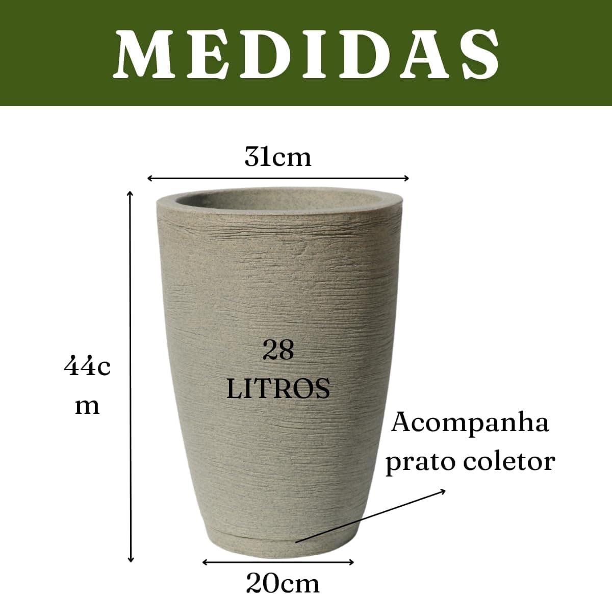 Vaso Polietileno Para Plantas Jardim Sala Luxo Cone Bojo 1 Com Prato (Cimento) - Imagem 3