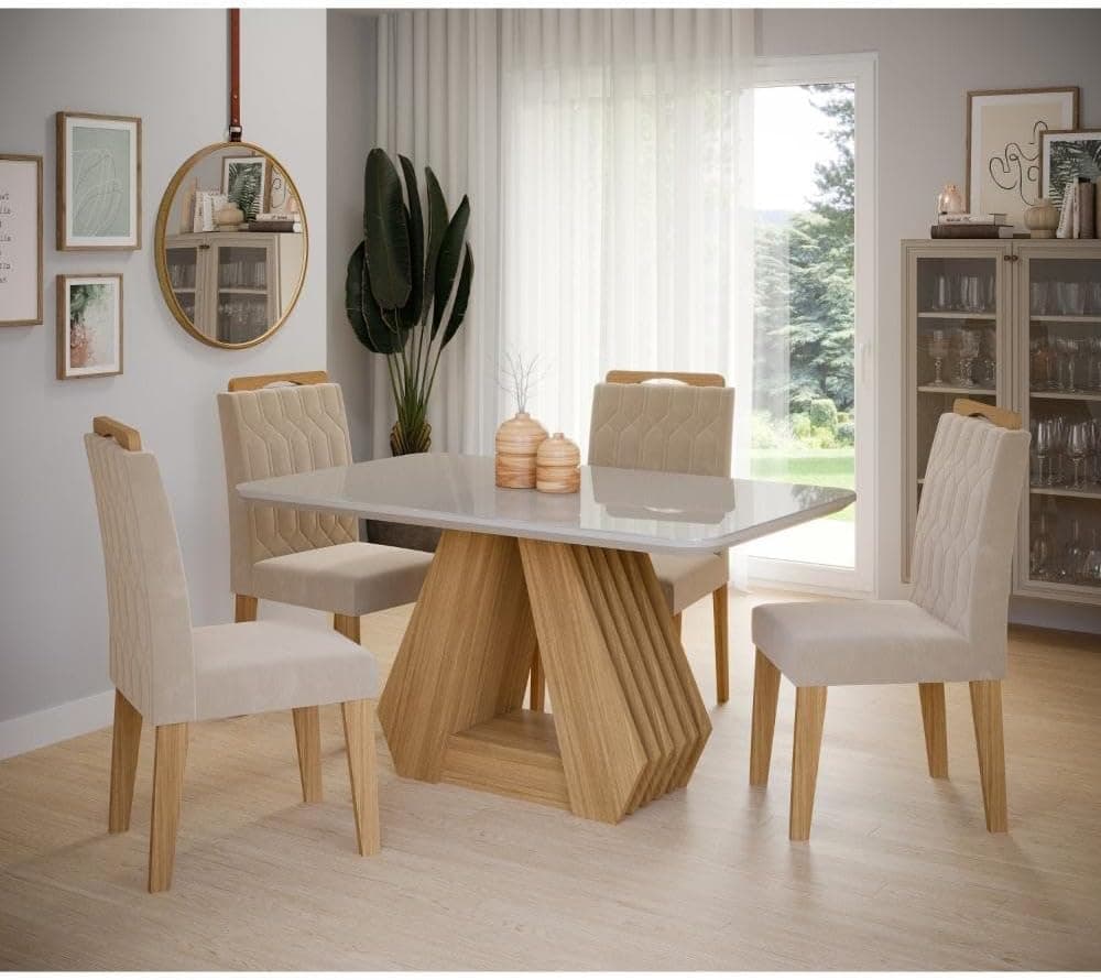 Conjunto Sala de Jantar Mesa Tampo de Vidro/MDF Agata e 4 Cadeiras Paola Cimol Nature/Off White/Nude