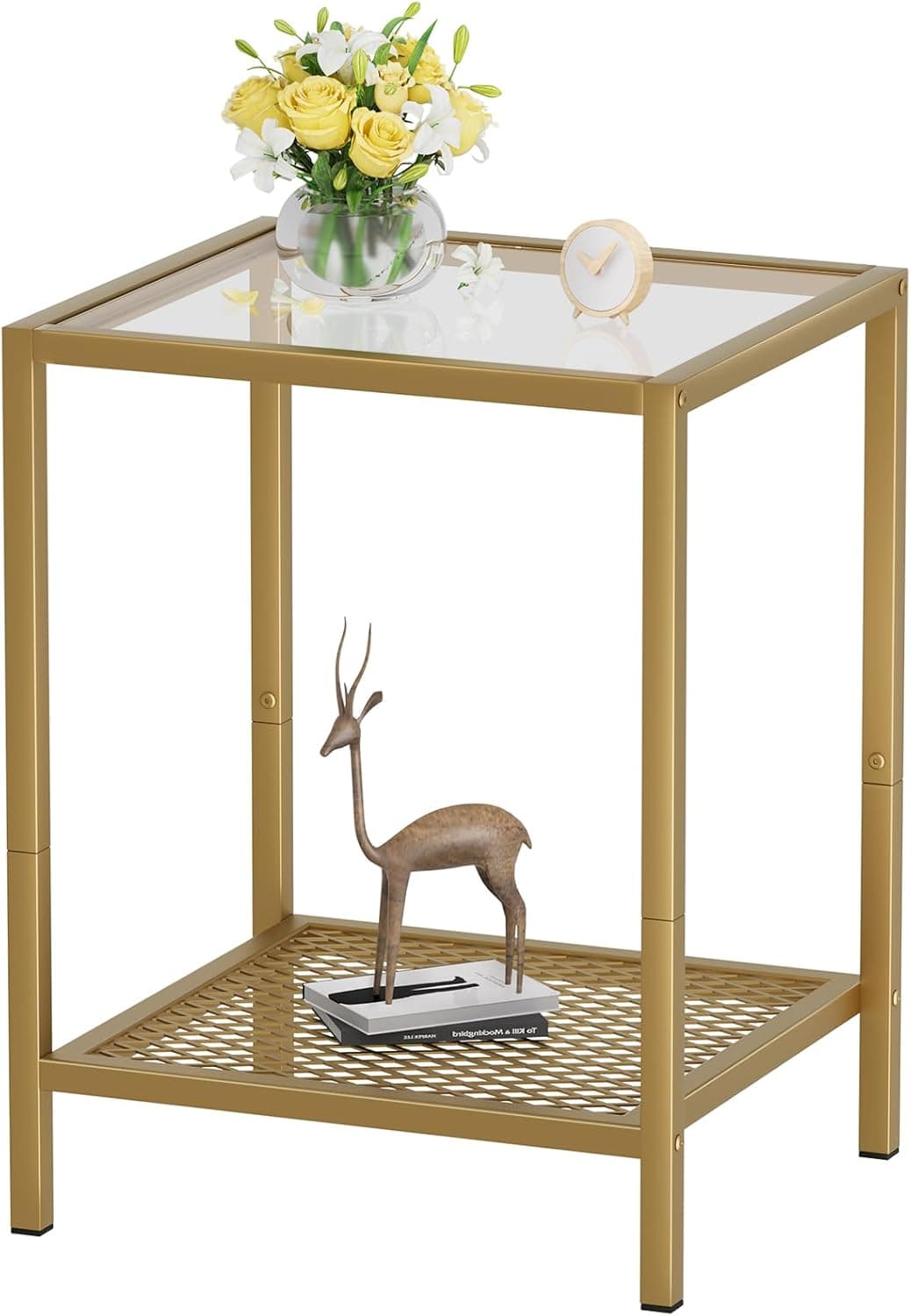 SAYGOER Mesa lateral de vidro pequena mesa de canto dourada para espaço estreito mesa de cabeceira quadrada de 2 camadas com armazenamento, 33,8 cm x 30 cm x 50 cm, mesa lateral de cama moderna com