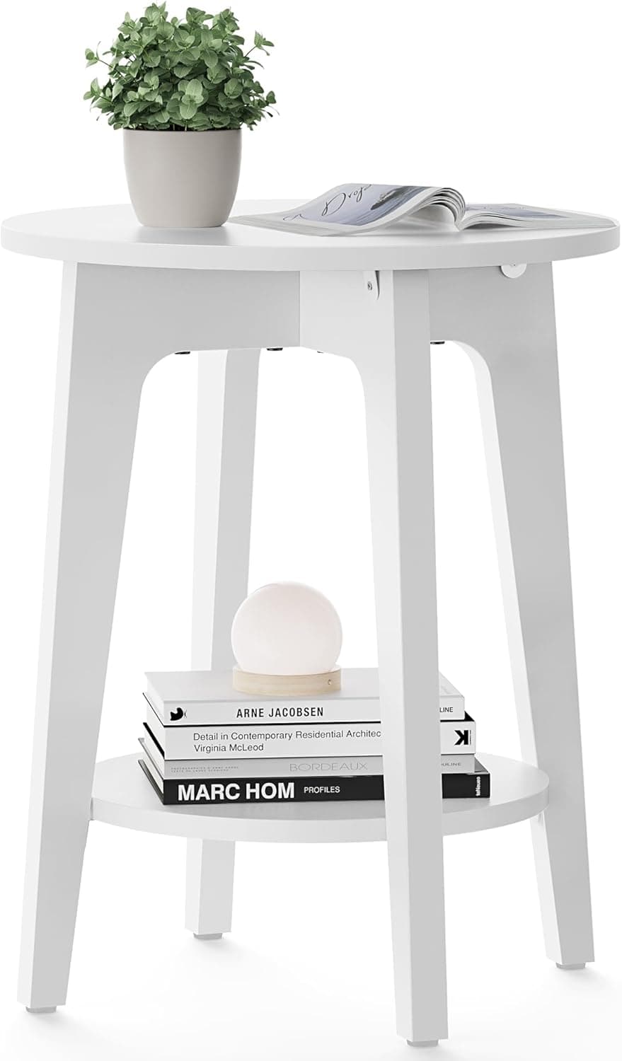 VASAGLE Mesa Lateral Redonda com Prateleira Inferior, Mesa de Apoio para Espaços Pequenos, Criado-Mudo para Sala de Estar, Quarto, Branco BRLET283T14V1
