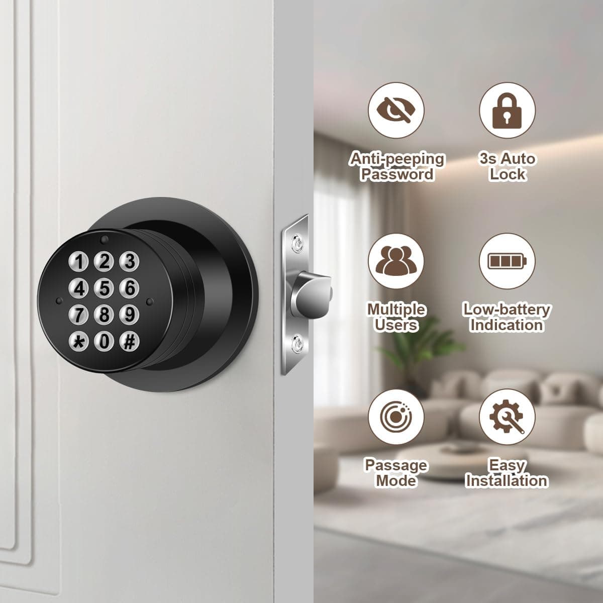 Maçaneta de porta com teclado, fechadura de porta de entrada sem chave, fechadura de código eletrônico preto, botão de porta, modo mudo, modo de passagem, fácil de instalar para casa, escritório, - Imagem 3