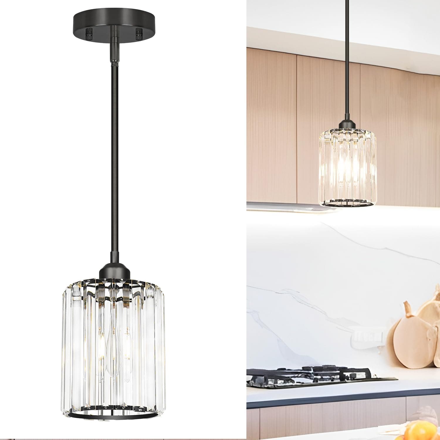 Luzes pendentes de cozinha pretas sobre a ilha com hastes ajustáveis - luminárias pendentes de cristal para teto inclinado, ideal sobre mesa de jantar ou bar, compatível com lâmpada E26, sem