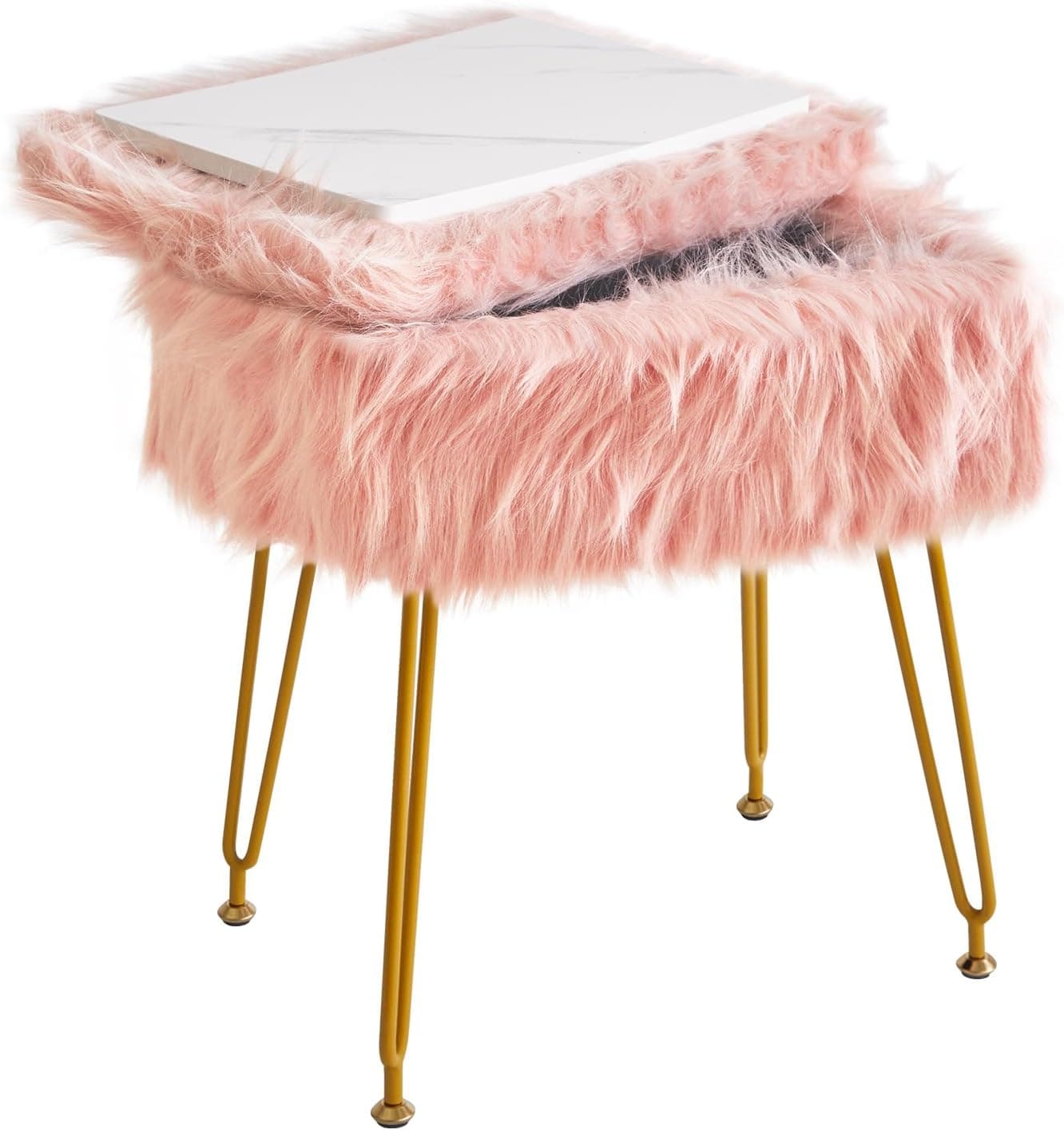IBUYKE Banqueta retangular de pele sintética com armazenamento, cadeira de maquiagem peluda, assento acolchoado macio, apoio para os pés redondo com 4 pernas de metal, para sala de estar e quarto