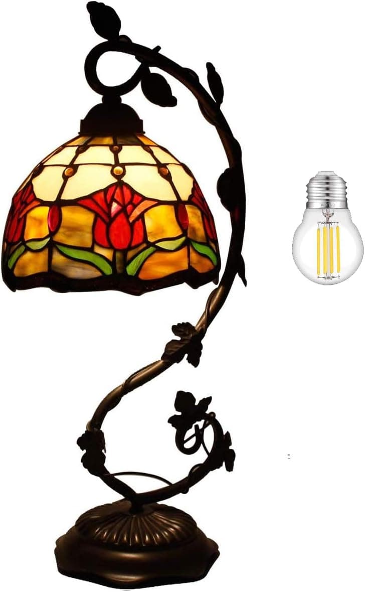 Tiffany Lâmpada de mesa vitral ao lado do abajur, mesa de cabeceira, tulipa de 53 cm de altura, fina base de folha de metal rústico rústico para sala de estar, quarto, bar, industrial, boho, campo, WERFACTORY, lâmpada LED incluída