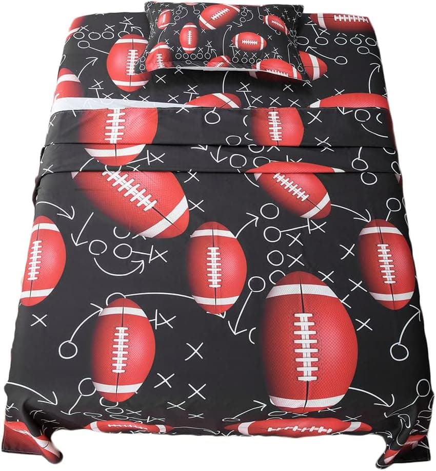 ADASMILE A & S Jogo de lençol solteiro com estampa de futebol americano, rúgbi, vermelho, preto, branco, jogos de bola, com fronha, microfibra macia, presente para meninos