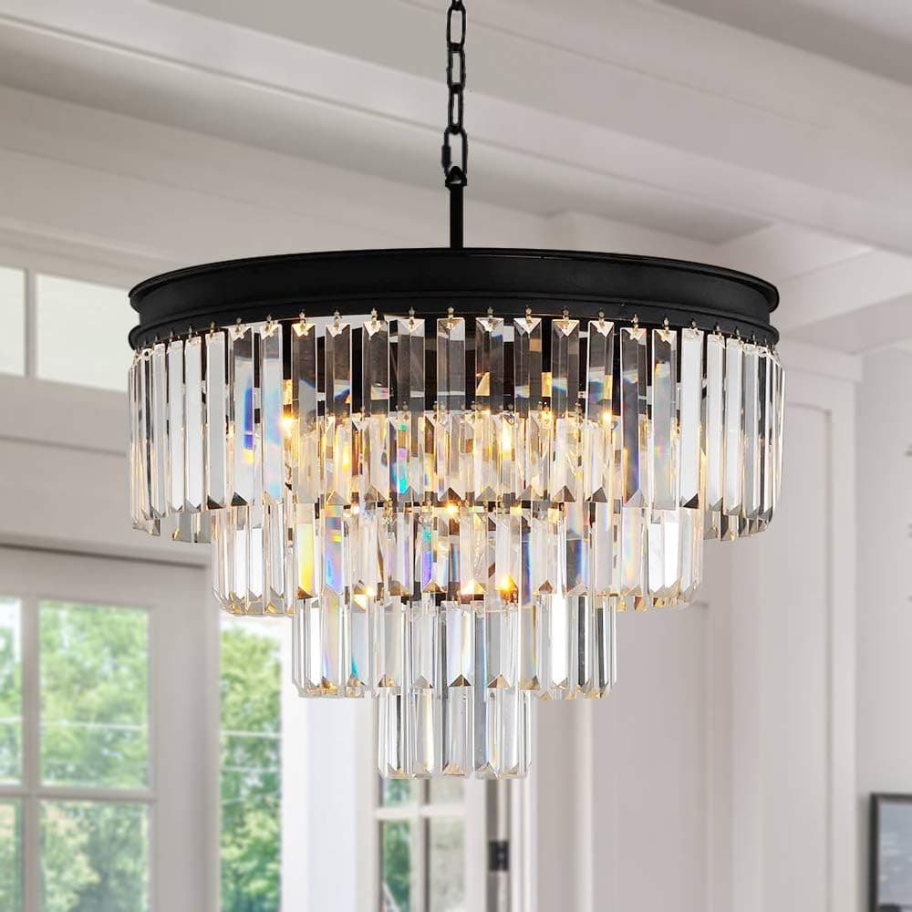 Lustre de cristal com pingente de iluminação lustre moderno lustre luminária para salas de jantar Entrada, sala de estar, franja, chuva, estilo pendurado redondo