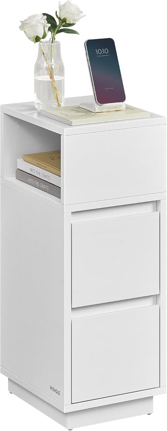 VASAGLE KAILYN Coleção, Mesa de Cabeceira Estreita, Mesa Lateral Pequena e Estreita com Gavetas, Compartimento Aberto Flexível, para Quarto, Sala de Estar, Branco Nuvem BRLET656W01V1