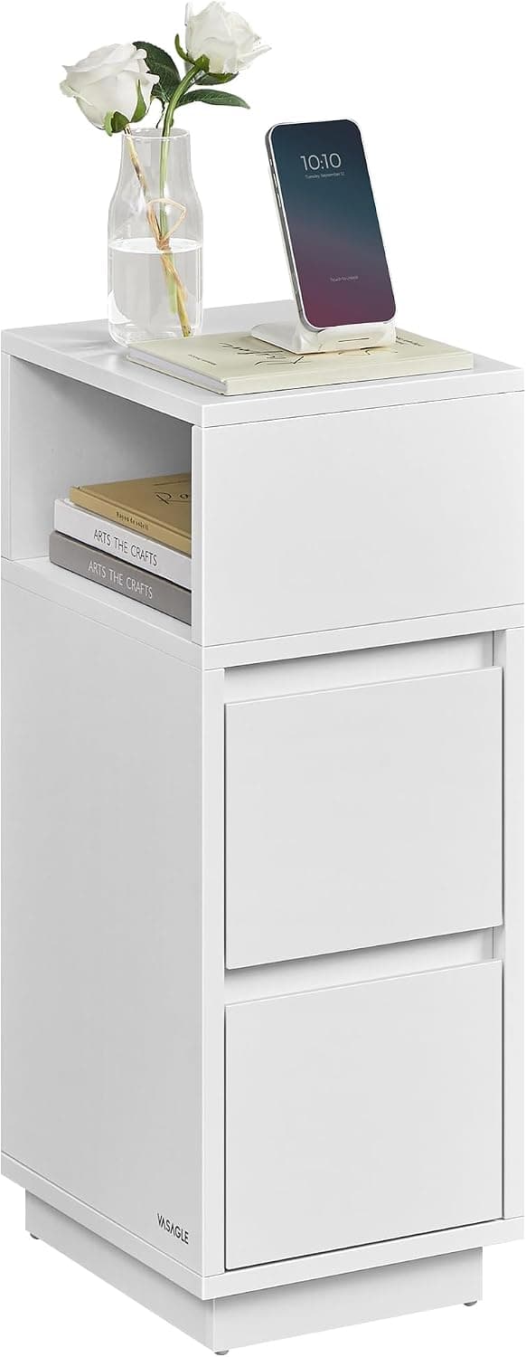 VASAGLE KAILYN Coleção, Mesa de Cabeceira Estreita, Mesa Lateral Pequena e Estreita com Gavetas, Compartimento Aberto Flexível, para Quarto, Sala de Estar, Branco Nuvem BRLET656W01V1