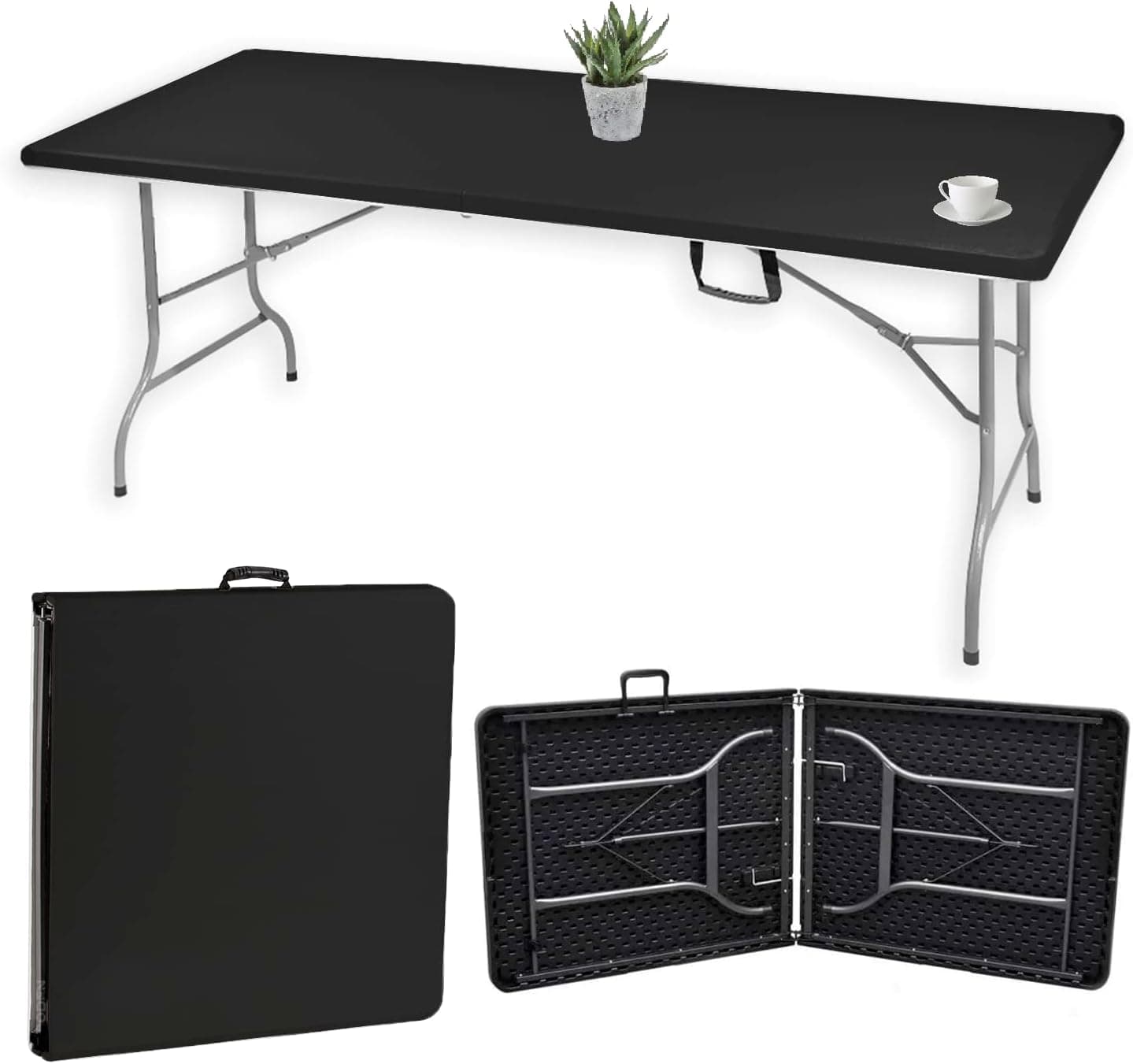 BODEN Mesa Maleta Portátil, Dobrável, Retangular, Com Alça, Suporta até 150 kg, 1,80 Metros, Ambientes Internos e Externos, Polietileno e Aço, Preta.