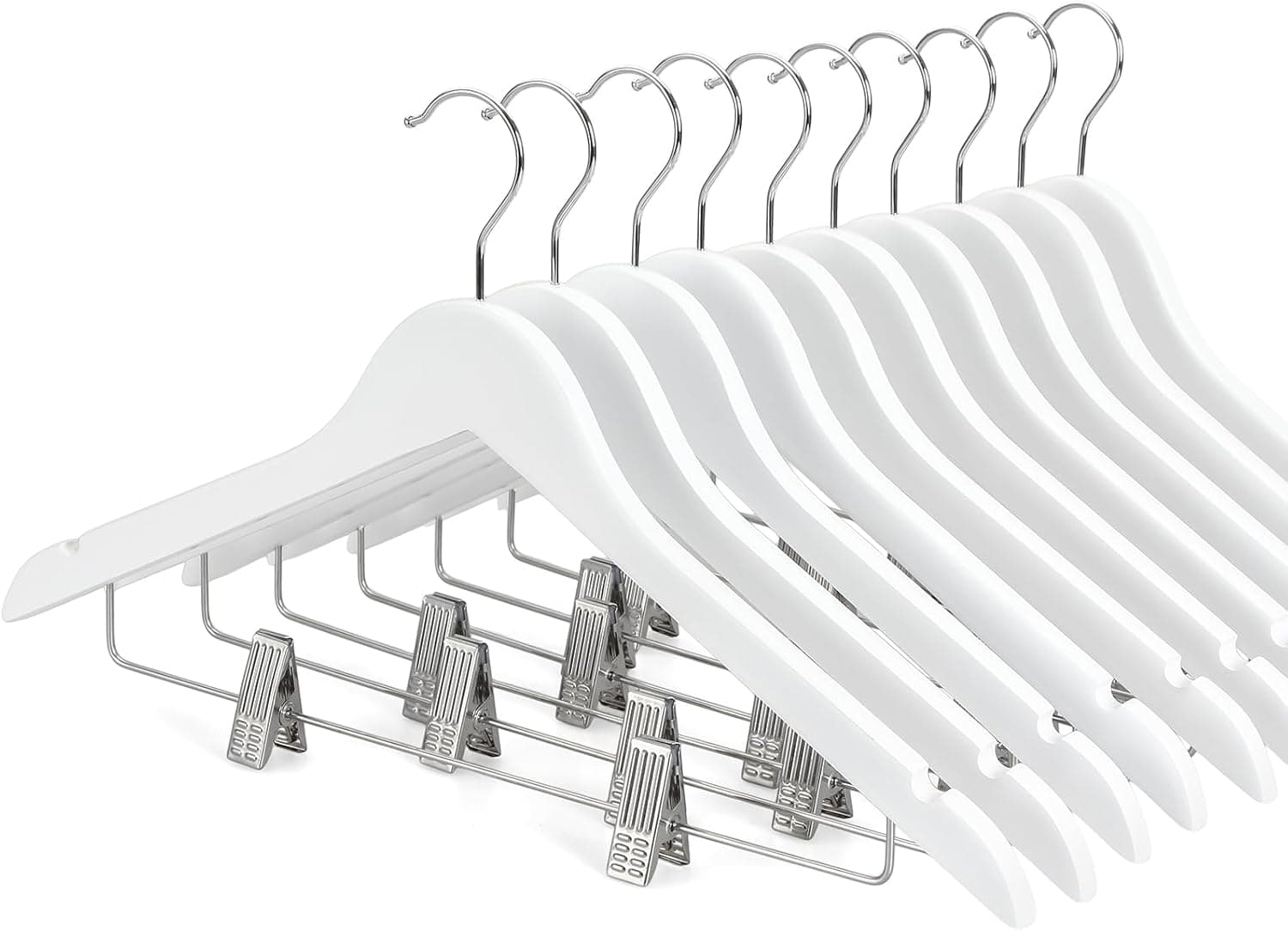 TOPIA HANGER Cabides de madeira com clipes de metal ajustáveis (pacote com 10), cabides de madeira lisa maciça, gancho giratório de 360°, cabides de calça premium para casaco, jeans, blusa, branca
