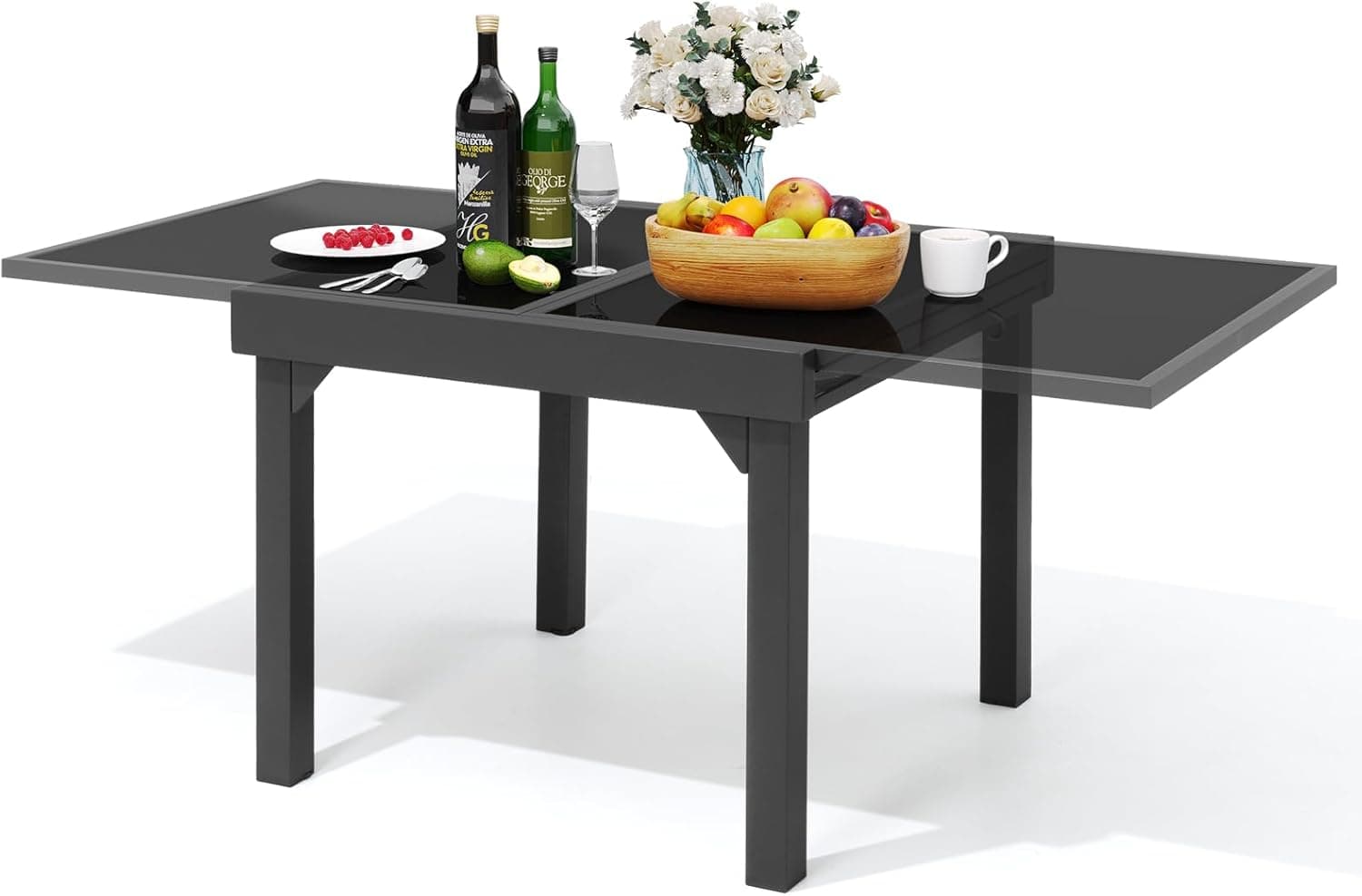 Mesa de jantar moderna de alumínio para uso ao ar livre – Mesa de jantar de vidro expansível para 6 – 8, mesa extensível de alumínio para pátio de 89 cm a 177 cm para quintal, varanda, deck,