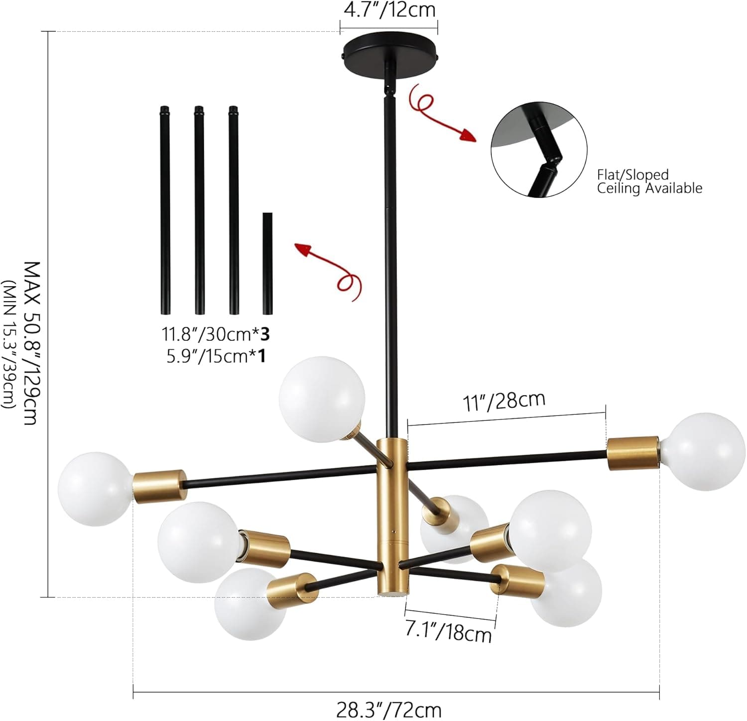KAISITE Lustre Sputnik moderno – Luminária de teto com 8 luzes, altura ajustável, acabamento de meados do século, lustre preto e dourado para quarto, sala de estar, sala de jantar, cozinha, foyer - Imagem 3