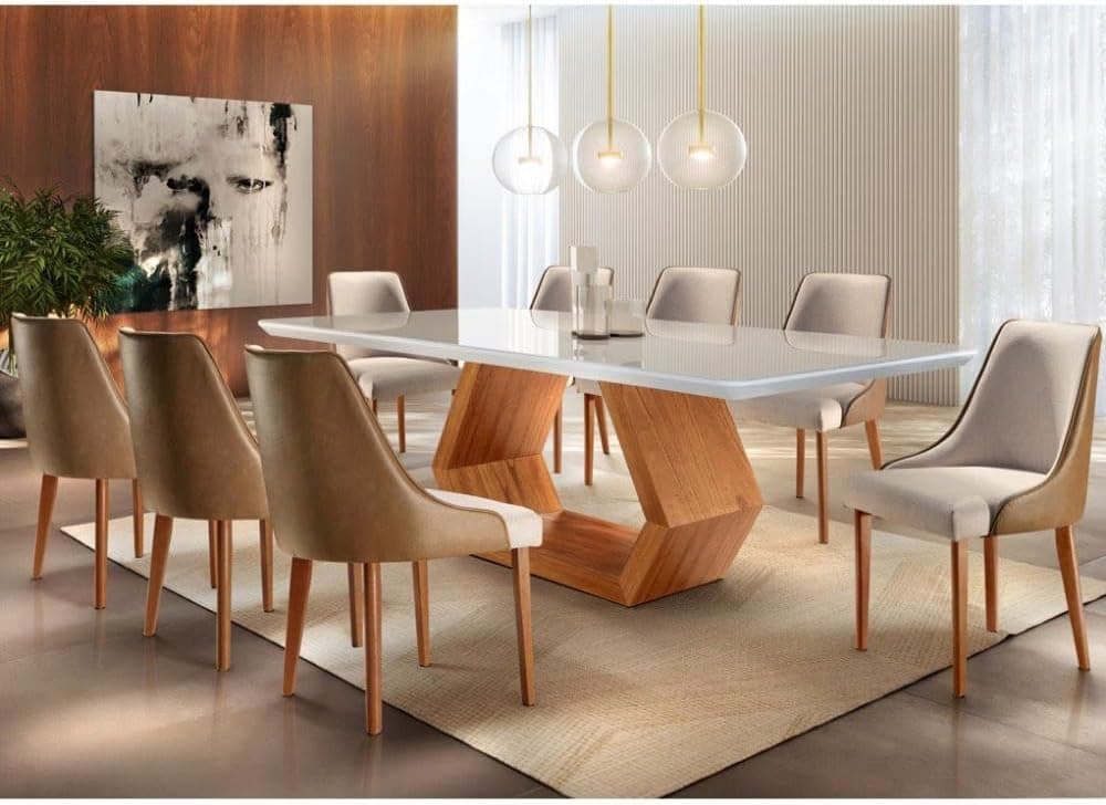 Conjunto Sala de Jantar Mesa Madeira Maciça Sarah e 8 Cadeiras Roma Mobilare Cinamomo Imbuia/off White/imbuia Natural/turim/car