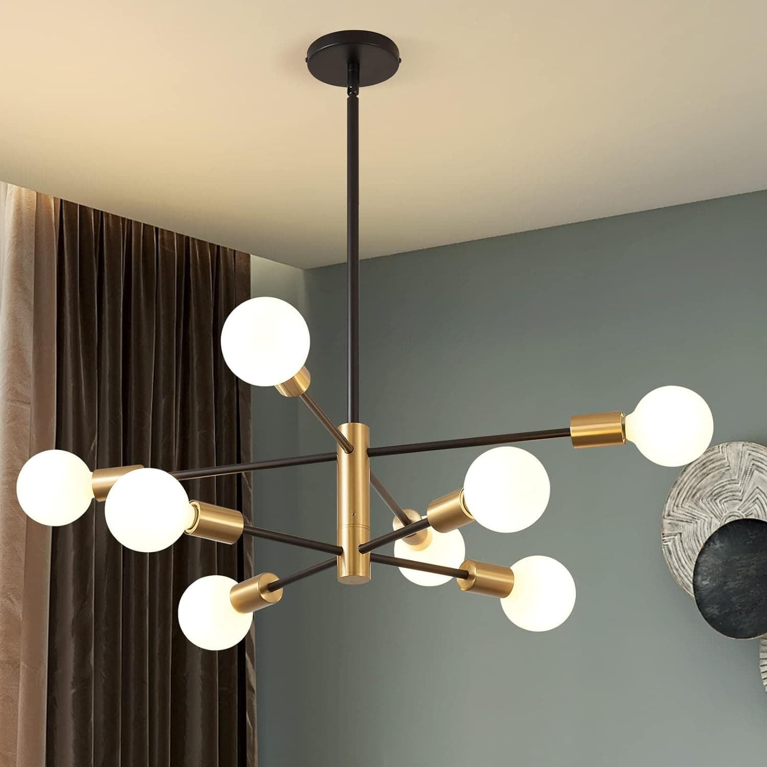 KAISITE Lustre Sputnik moderno – Luminária de teto com 8 luzes, altura ajustável, acabamento de meados do século, lustre preto e dourado para quarto, sala de estar, sala de jantar, cozinha, foyer