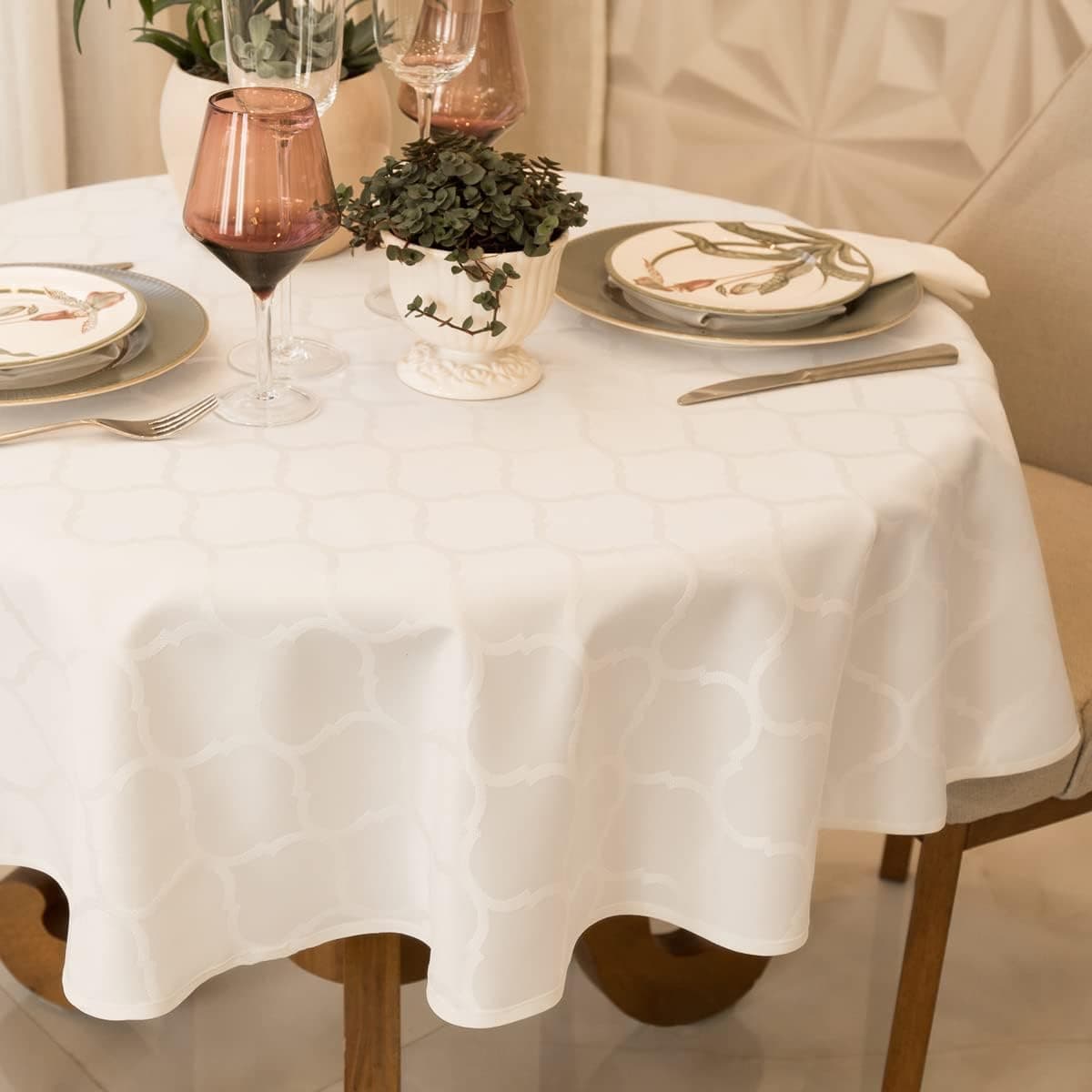 Toalha Mesa Jacquard 6 A 8 Lugares 2,10m Redonda (Marrocos Branco)