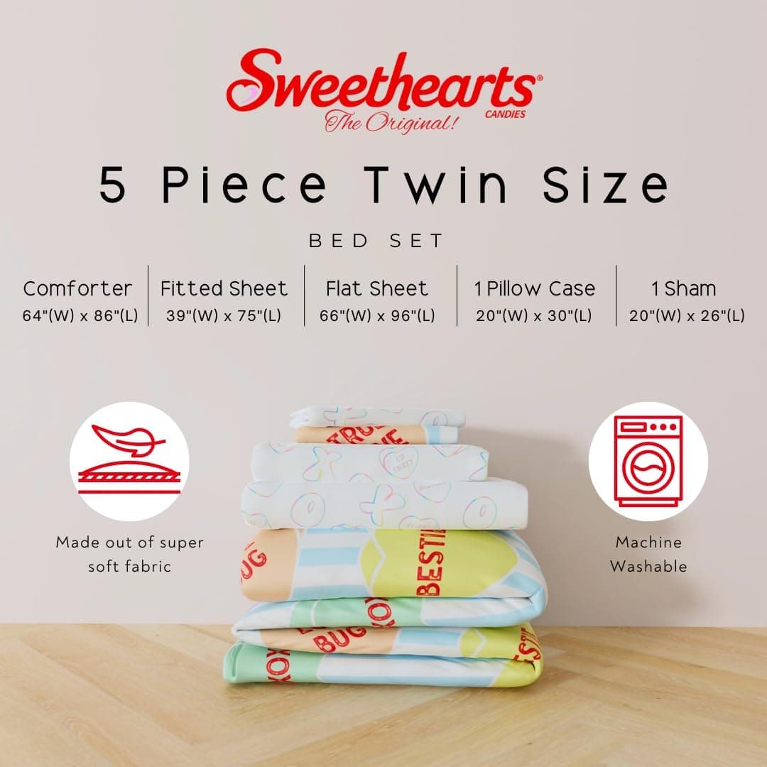 Jogo de cama de solteiro Sweethearts original, 5 peças, macio, aconchegante, nostalgia, reversível e conjunto de lençol com capa, produto oficialmente licenciado por Franco - Imagem 4