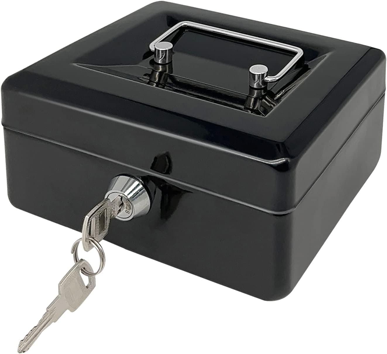 Caixa de aço para dinheiro com trava de chave, organizador de dinheiro pequeno de metal com bandeja de dinheiro, caixa de armazenamento de dinheiro com tampa trancável (preta - 15 cm)