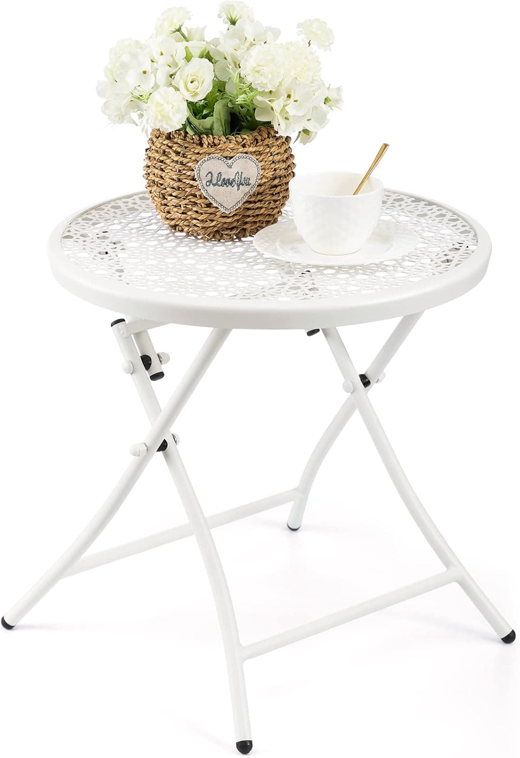 TeoKJ Mesas laterais dobráveis para uso externo, antiferrugem, mesinha de cabeceira redonda de metal com recortes de flores para varanda, quintal, varanda, deck gramado, branco