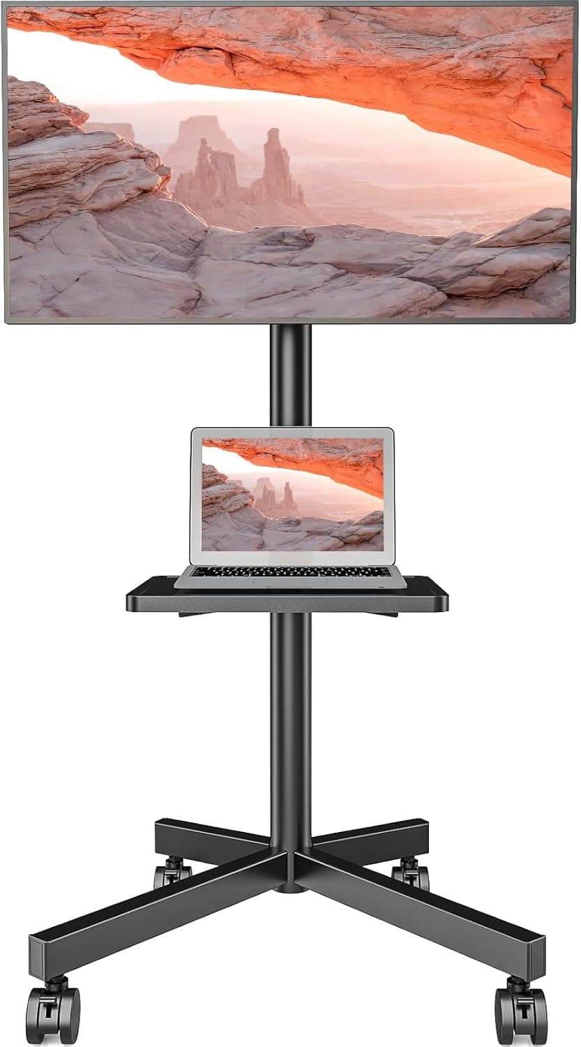 AX WABER Suporte de TV móvel para TVs de tela de painel plano/curvo LCD LED de 23 a 60 polegadas, carrinho de TV com rodinhas comporta até 39,9 kg com prateleira piso giratório máximo VESA 400 x 400